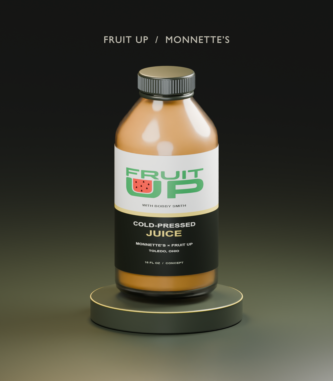 Blender concept render of a 16 oz Fruit Up and Monnette’s juice bottle with the original Fruit Up logo
